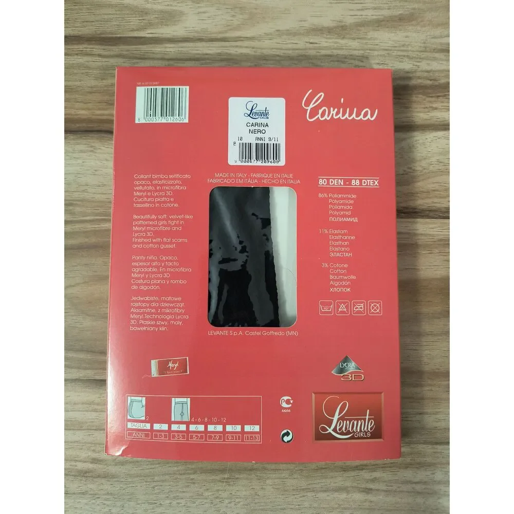 Levante Carina Girls Winter Weight Tights Black Size 10 Ages 9-11 Made in Italy